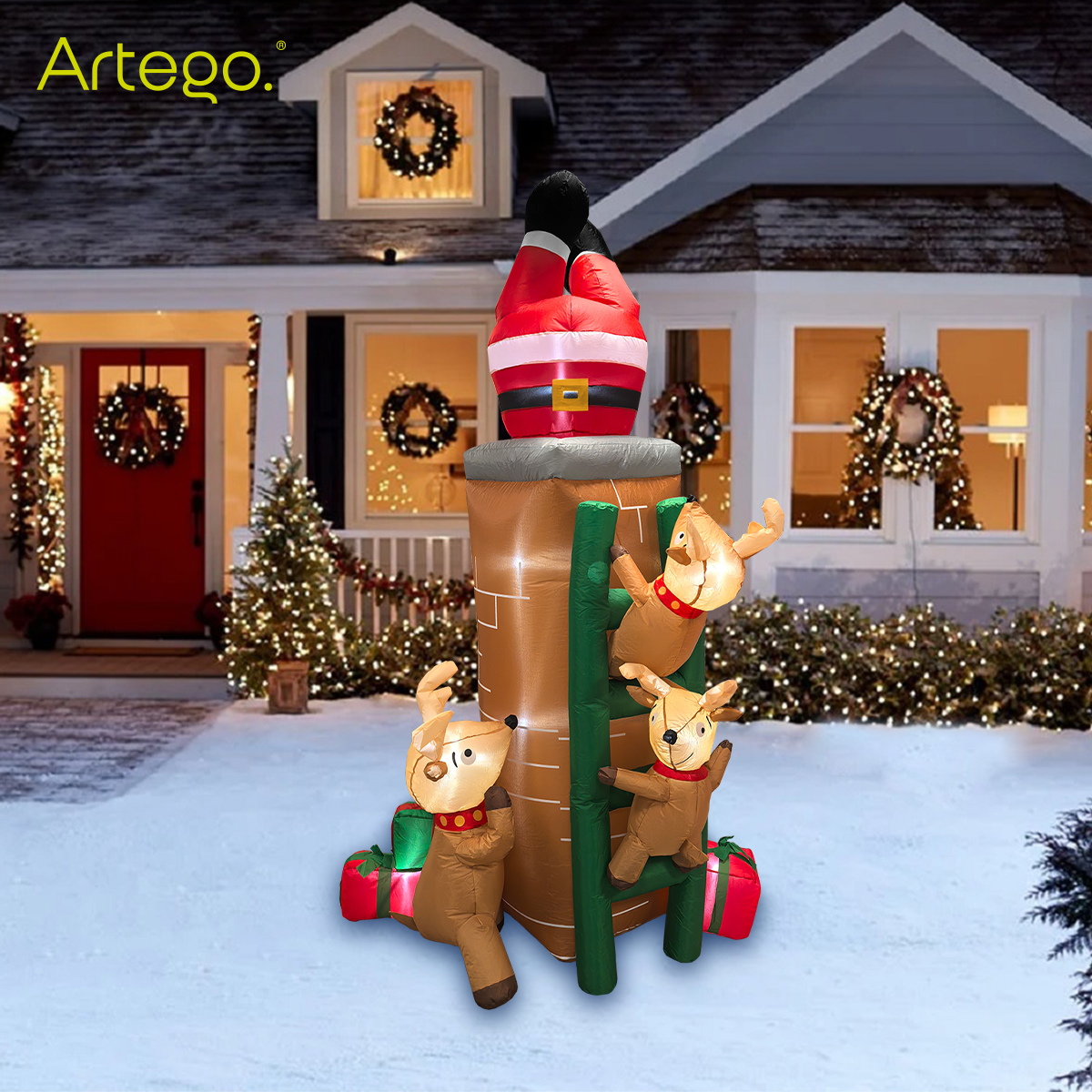 Inflable de Árbol de Navidad Chimenea con santa, renos y regalos * con rotación  * y luces led 2.25m de alto Artego