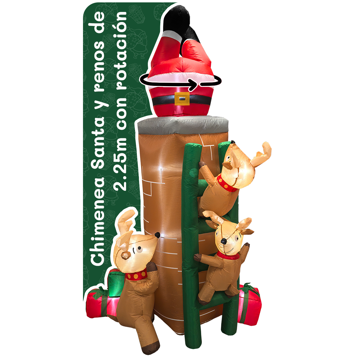 Inflable de Árbol de Navidad Chimenea con santa, renos y regalos * con rotación  * y luces led 2.25m de alto Artego