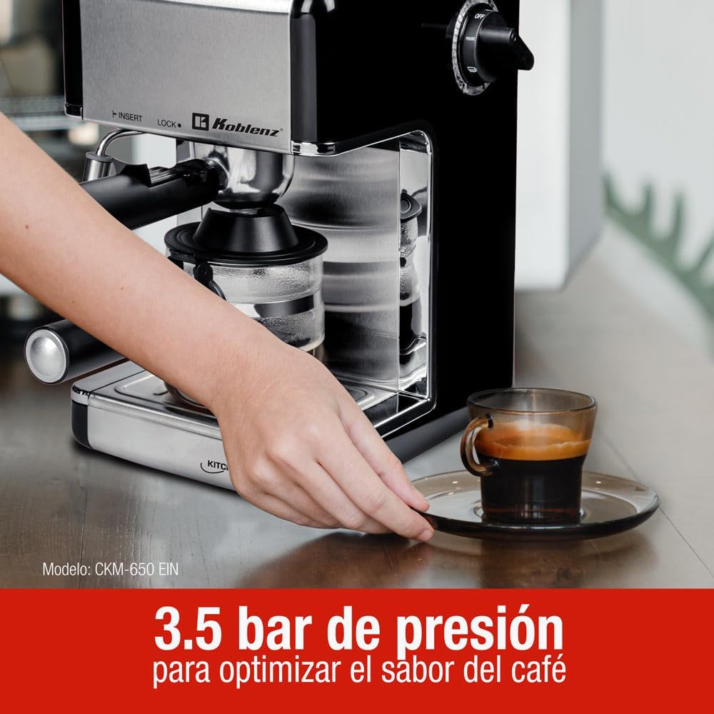 Koblenz Cafetera Espresso y Cappuccino, 4 Tazas, 3.5 Bares de Presión, 800 W, Negro/Acero Inoxidable (CKM-650 EIN)