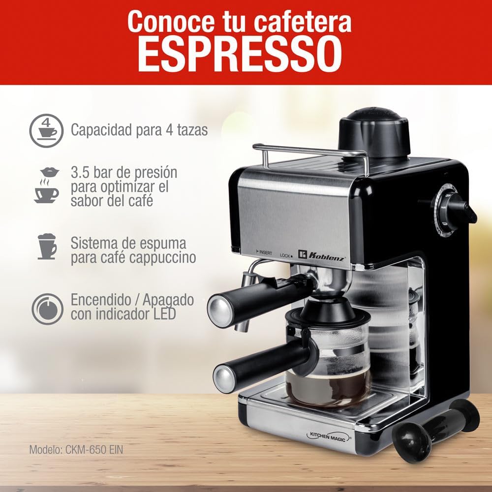 Koblenz Cafetera Espresso y Cappuccino, 4 Tazas, 3.5 Bares de Presión, 800 W, Negro/Acero Inoxidable (CKM-650 EIN)
