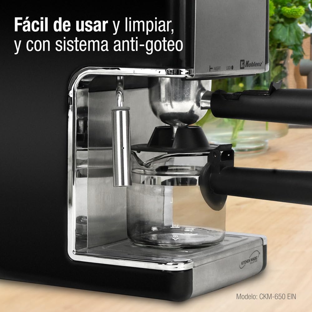 Koblenz Cafetera Espresso y Cappuccino, 4 Tazas, 3.5 Bares de Presión, 800 W, Negro/Acero Inoxidable (CKM-650 EIN)