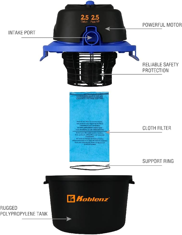 Koblenz WD-2.5 MA Aspiradora Seco/Mojado 3 en 1, 2.5 Galones, Motor de 2.5 HP, Sistema de Expulsión de Aire, Portátil para Auto, Casa y Taller
