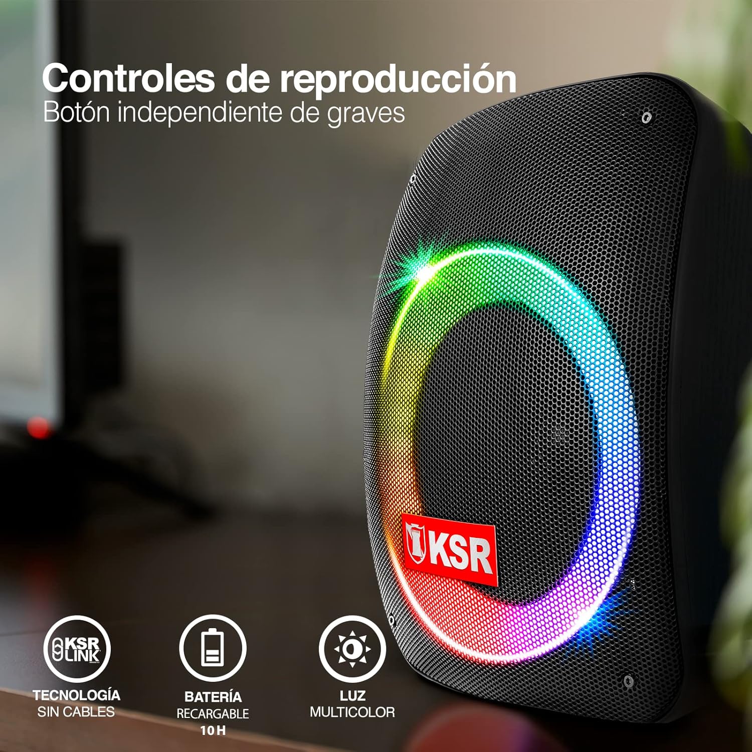 Kaiser KSW-5006 Bocina Bluetooth Recargable 4” 20 W RMS con Luz RGB, KSR-Link, Auxiliar, USB, y Micro SD