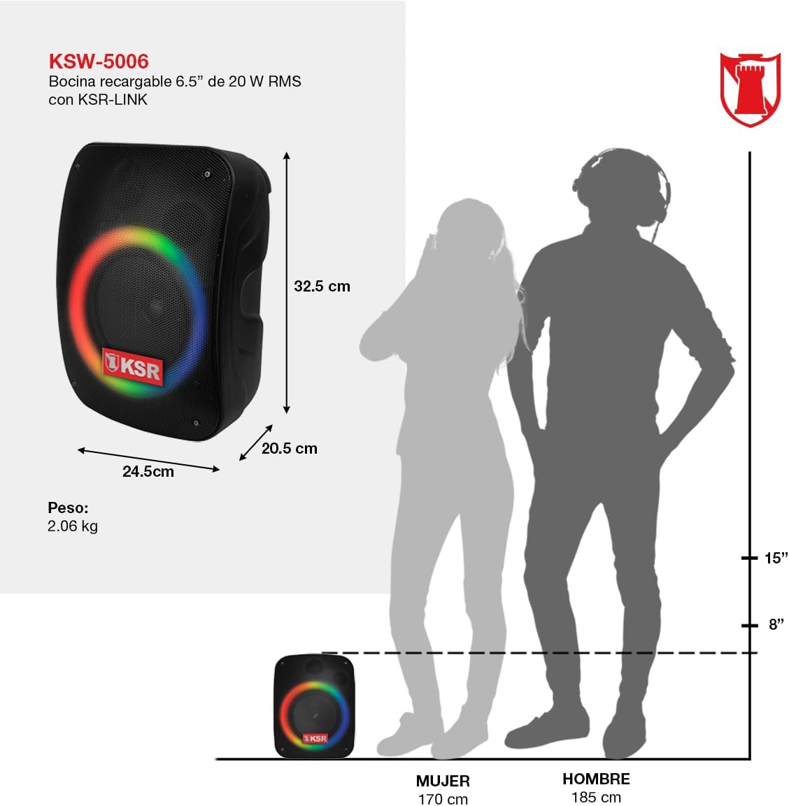 Kaiser KSW-5006 Bocina Bluetooth Recargable 4” 20 W RMS con Luz RGB, KSR-Link, Auxiliar, USB, y Micro SD