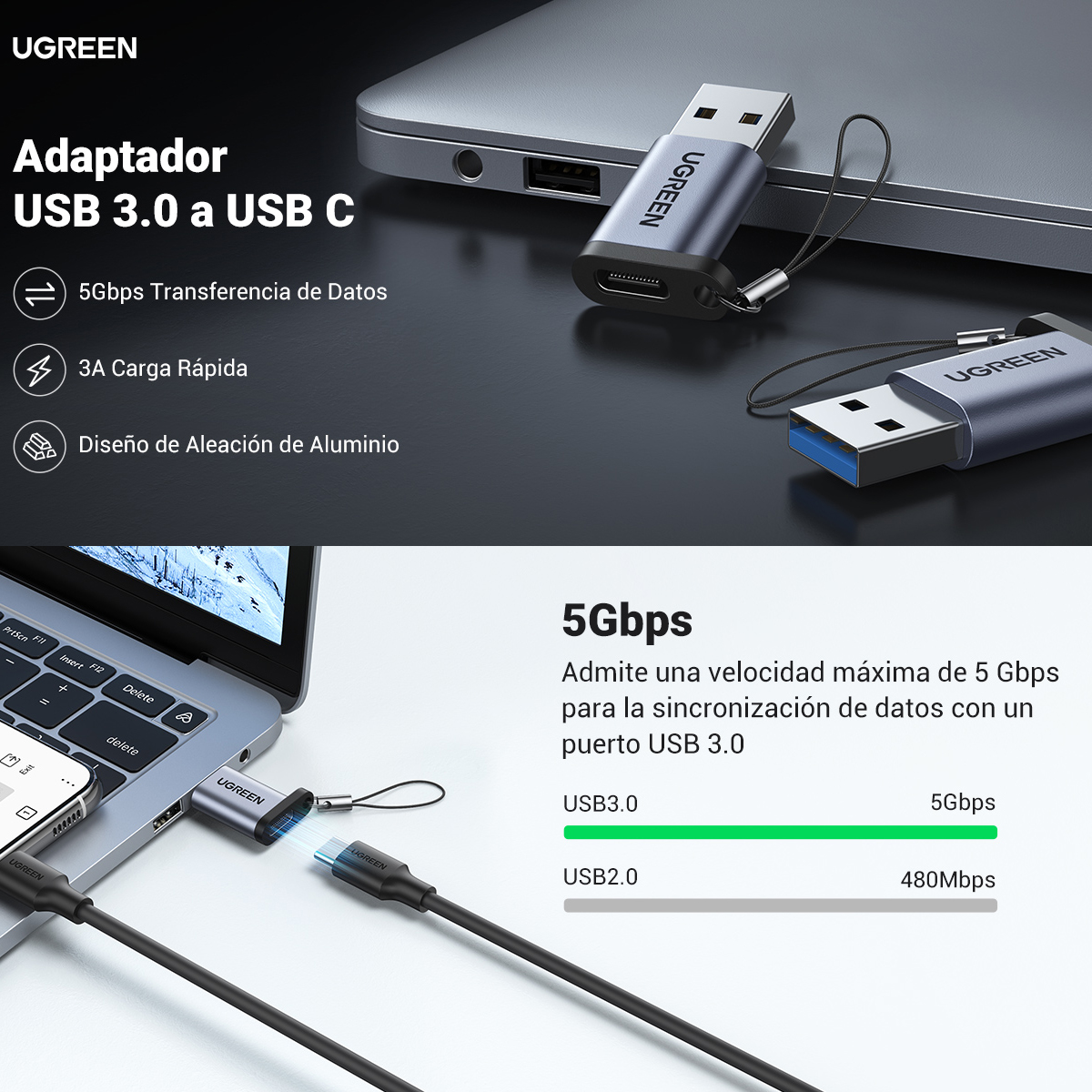 Ugreen Adaptador Usb 3.0 A Usb-c 3.1 Carga Y Sincroniza 3a