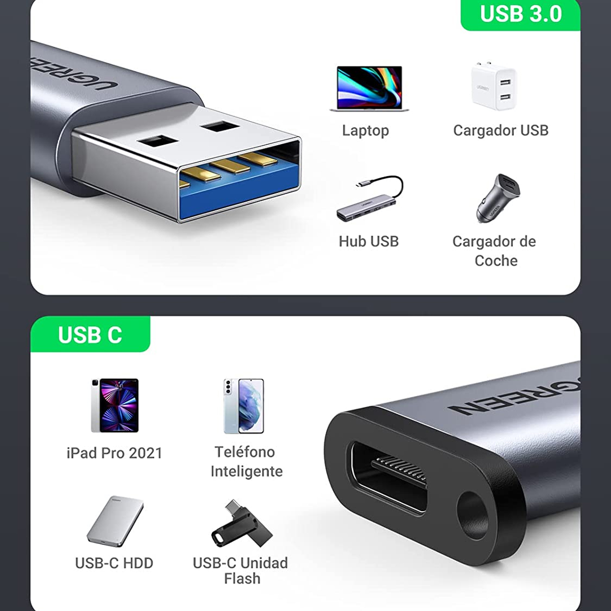 Ugreen Adaptador Usb 3.0 A Usb-c 3.1 Carga Y Sincroniza 3a