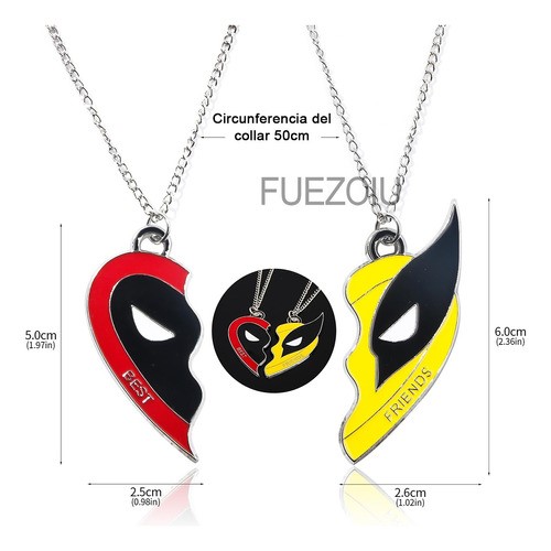 2pz Collar Amistad Dije Acero Inoxidable Corazón Mejor Amigo DEADPOOL