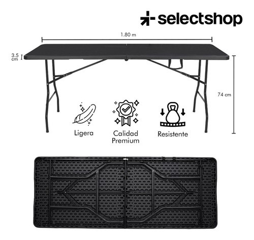 Mesa Plegable Plástico Tipo Portafolio 1.80m Portátil Jardín Color Negro