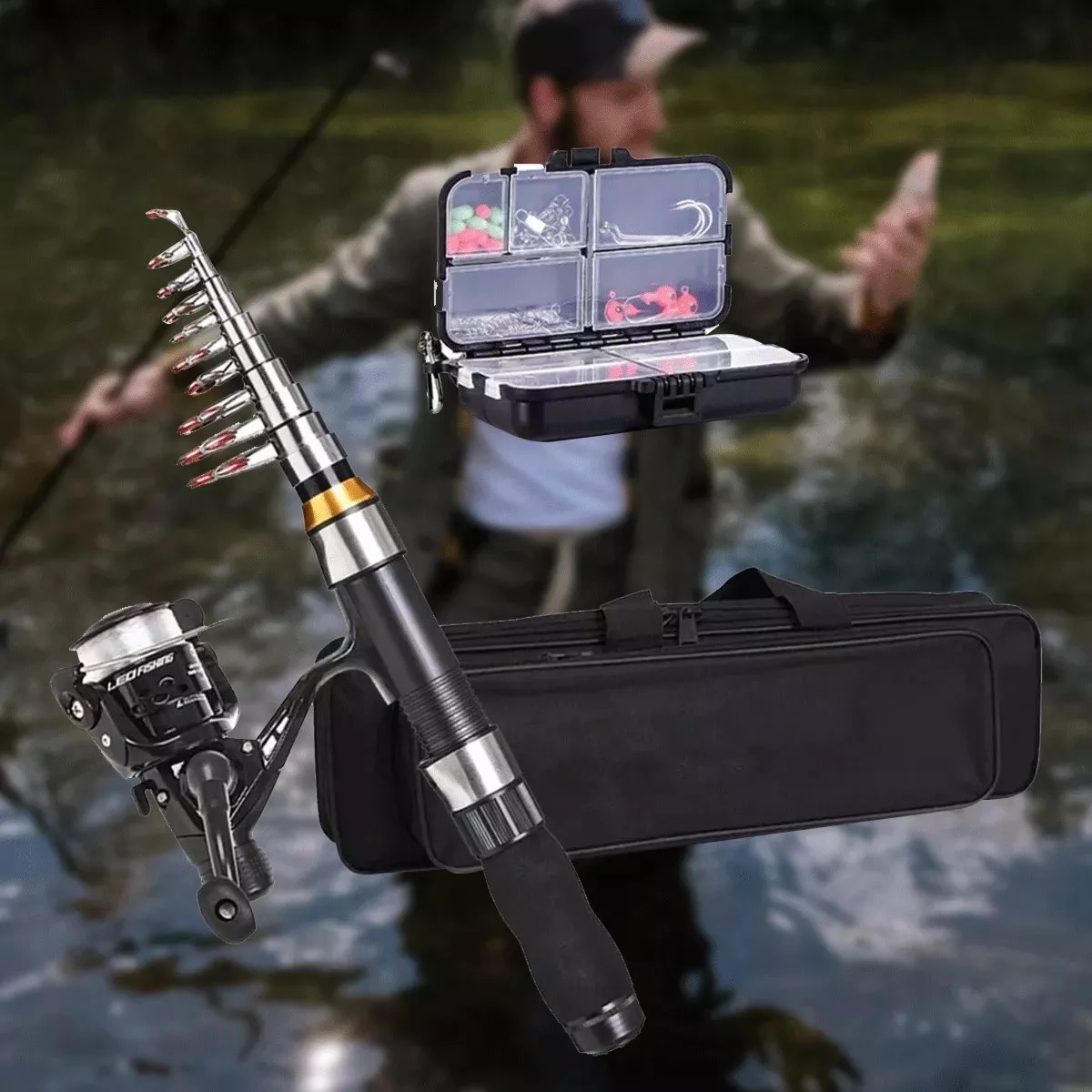 Juego Completo De Caña Y Carrete De Pesca 2 Piezas 2,1m+2,3m
