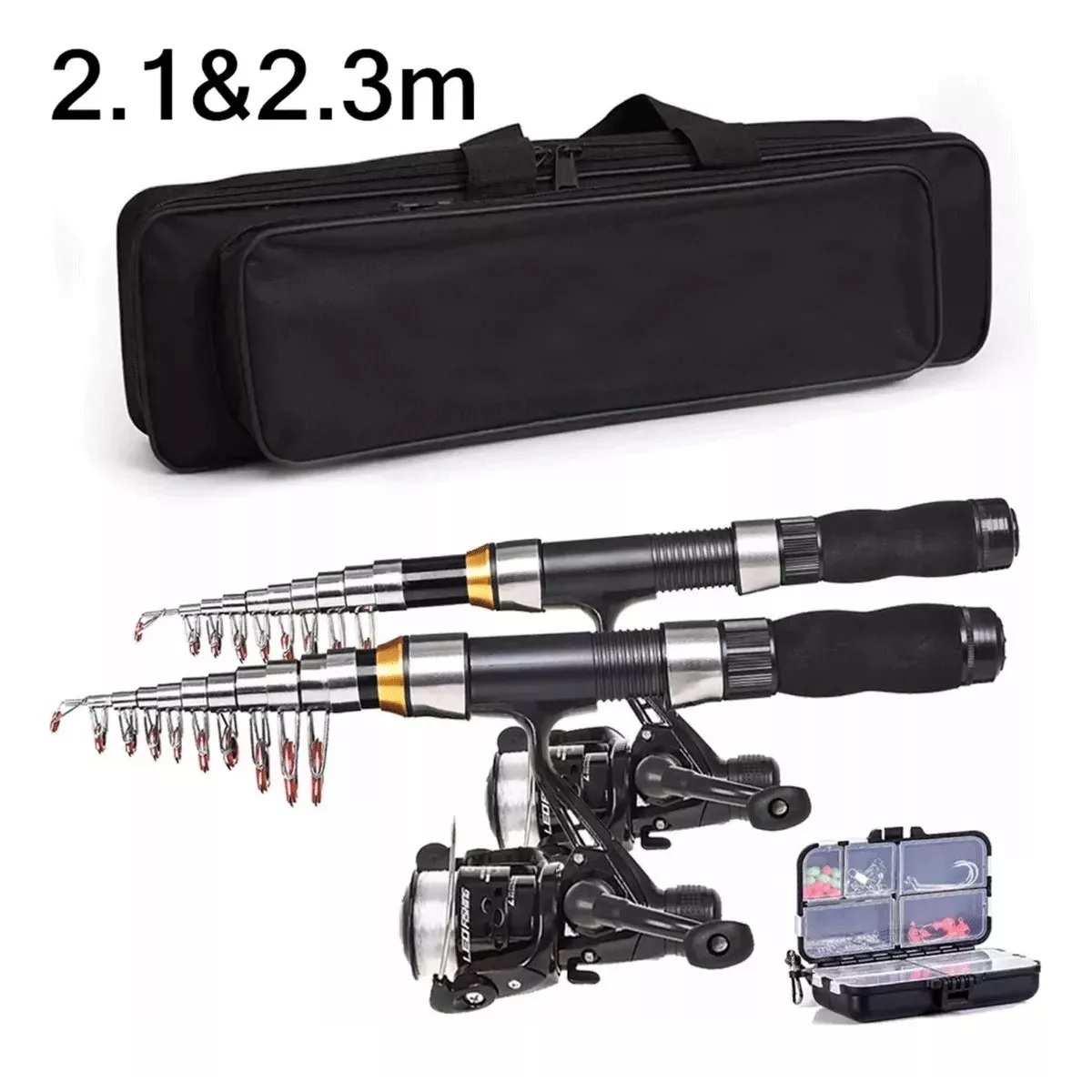 Juego Completo De Caña Y Carrete De Pesca 2 Piezas 2,1m+2,3m