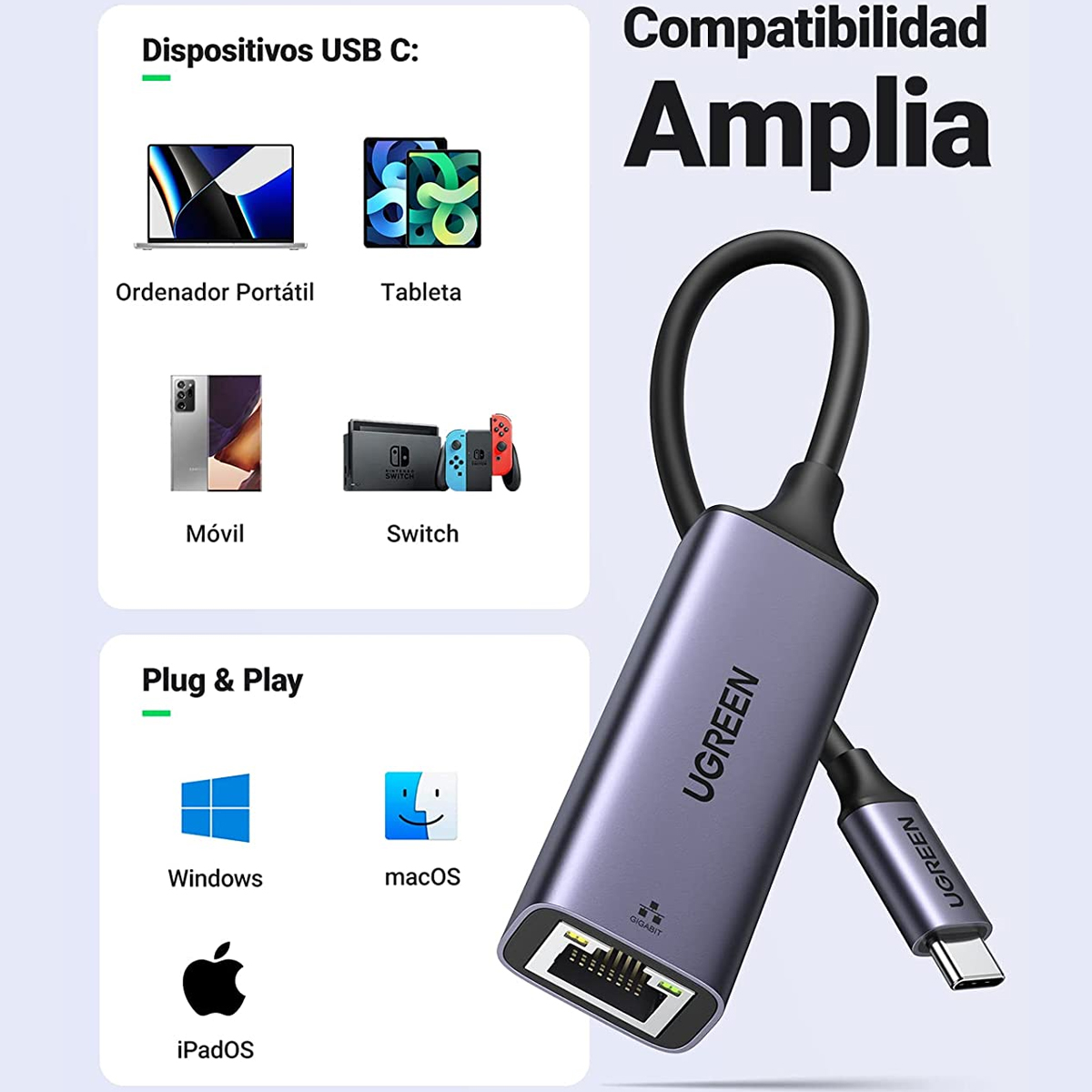 Adaptador de Red USB-C 3.1 a RJ45 Thunderbolt 3 Longitud del cable 10 cm.