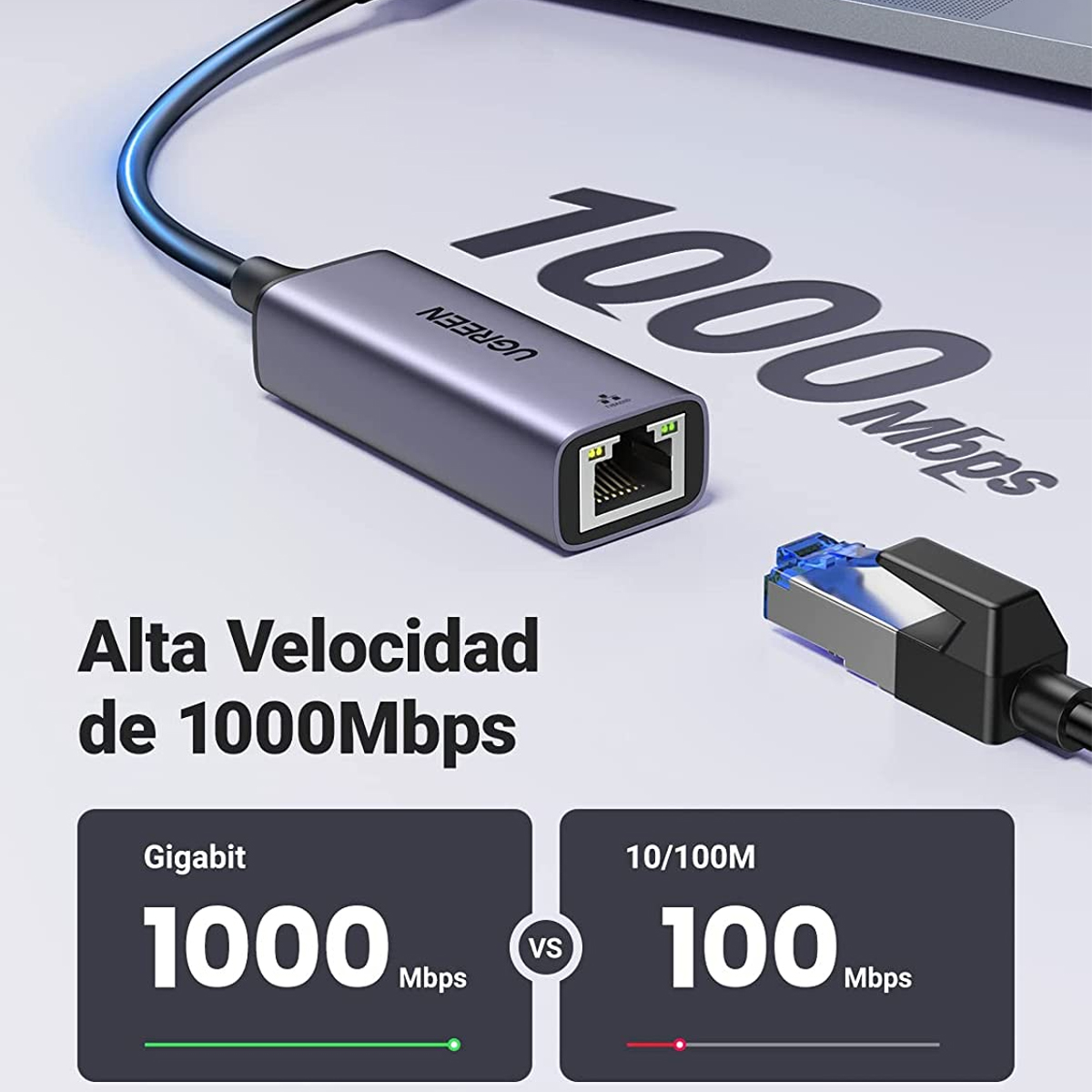 Adaptador de Red USB-C 3.1 a RJ45 Thunderbolt 3 Longitud del cable 10 cm.