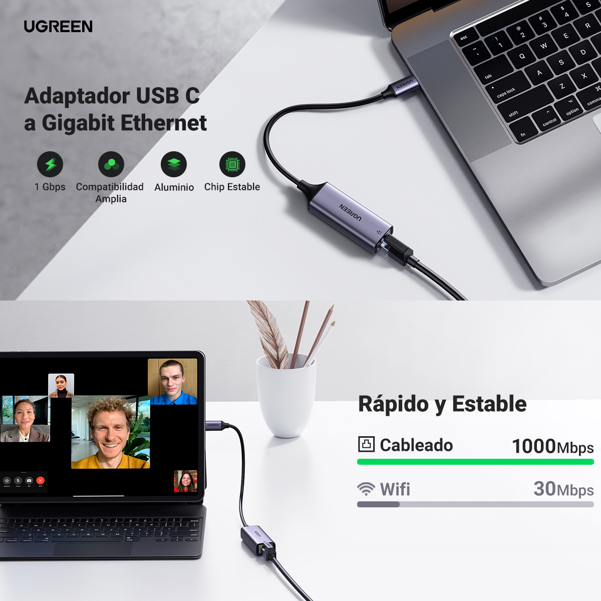 Adaptador de Red USB-C 3.1 a RJ45 Thunderbolt 3 Longitud del cable 10 cm.