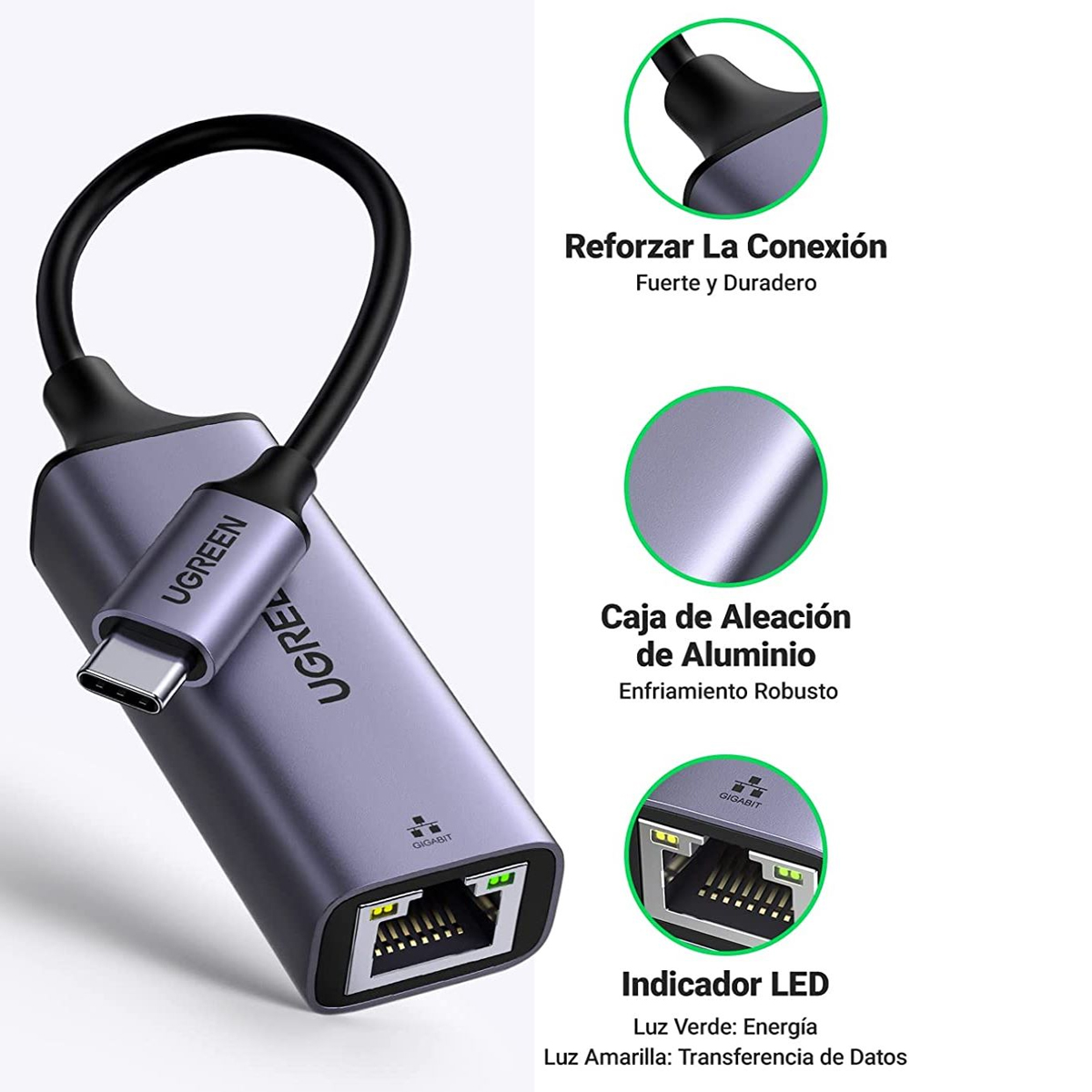 Adaptador de Red USB-C 3.1 a RJ45 Thunderbolt 3 Longitud del cable 10 cm.