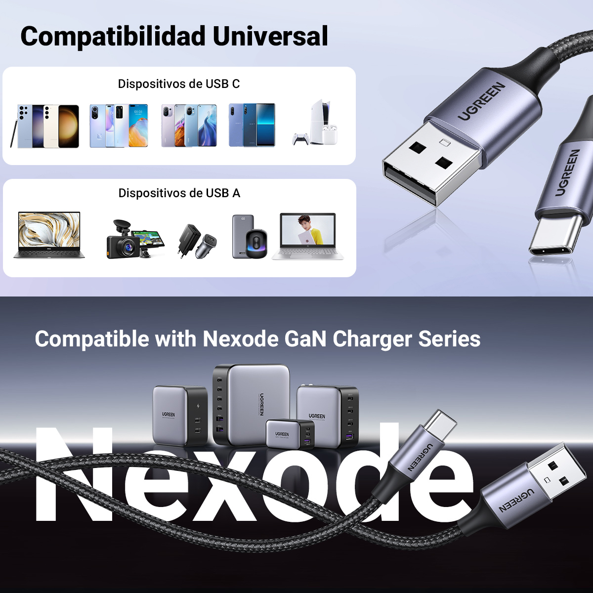 Ugreen Cable Usb-a A Usb-c Trenzado Aluminio Niquelado 2m