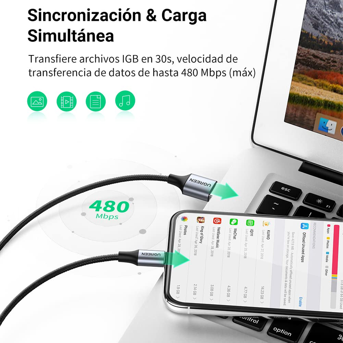 Ugreen Cable Carga Rapida Usb A A Lightning 1m Mfi Color Negro