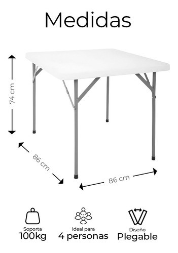 Mesa Plegable Cuadrada Plástico Resistente 86cm Jardin Exter BLANCO