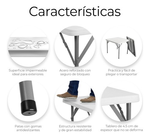 Mesa Plegable Cuadrada Plástico Resistente 86cm Jardin Exter BLANCO
