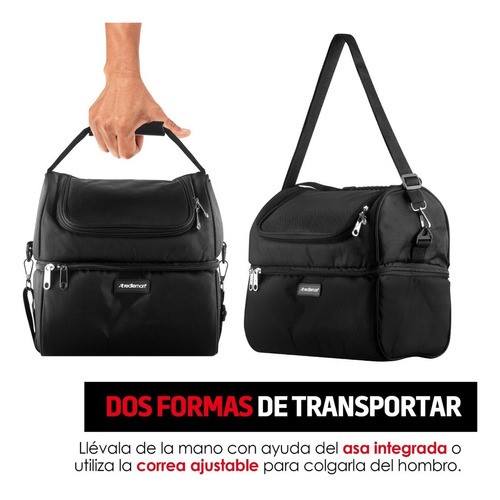 Lonchera Térmica de Doble Compartimento Tamaño Grande, Resistente e Impermeable NEGRO