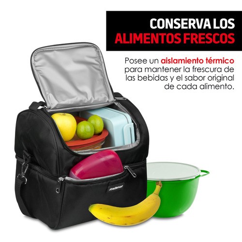 Lonchera Térmica de Doble Compartimento Tamaño Grande, Resistente e Impermeable NEGRO