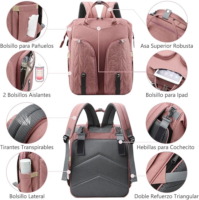 A Mochila Pañalera Multifuncional, Bolsa de Pañales de Bebé con Cambiador Desmontable