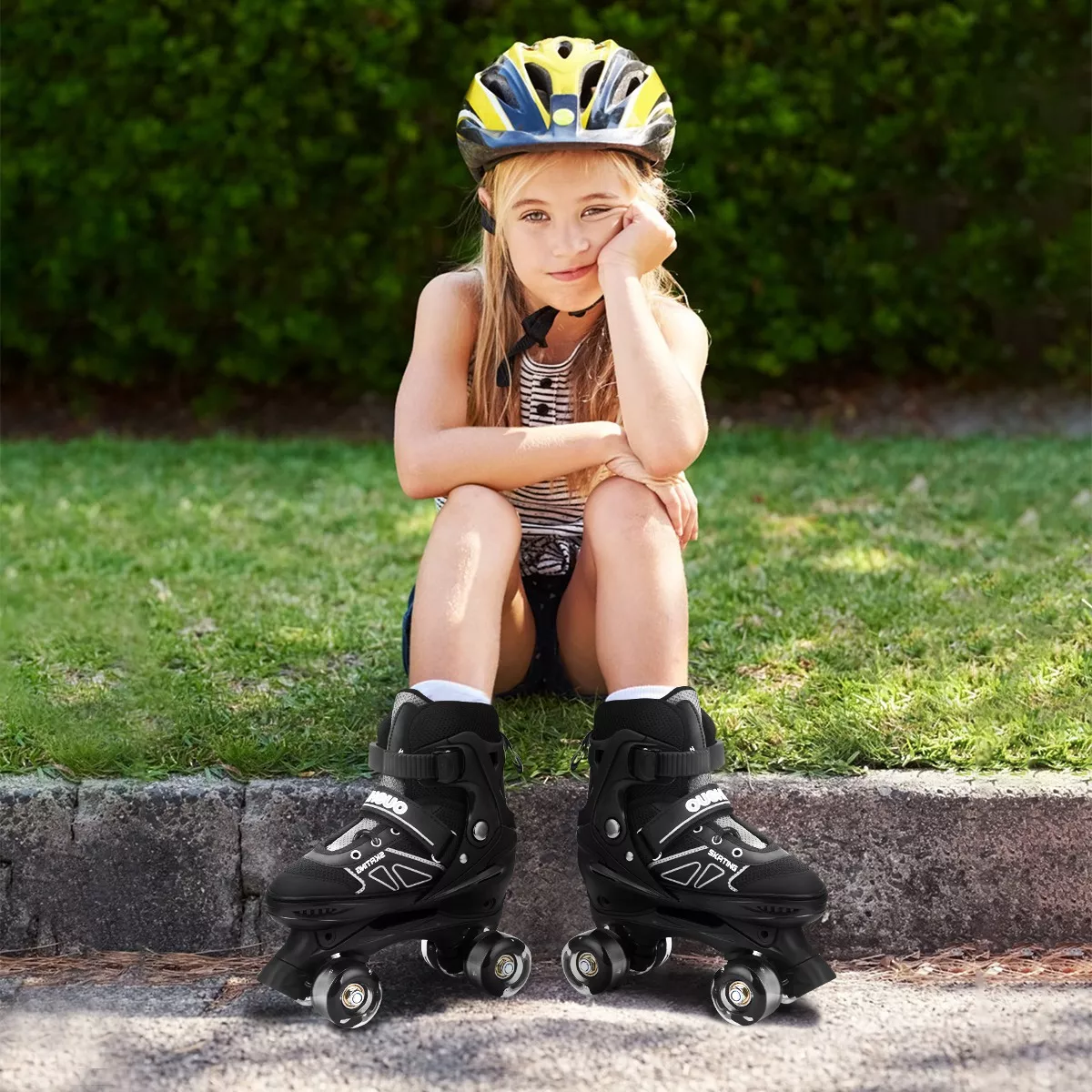 2 En 1 Patines De Línea Ajustables Y 4 Ruedas Niño Con Luces Negro L