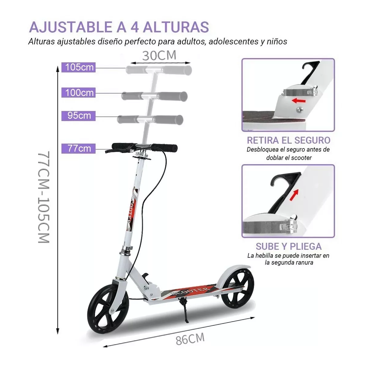Scooter Patín Del Diablo Ajustable Plegable Jóvenes Adultos Blanco