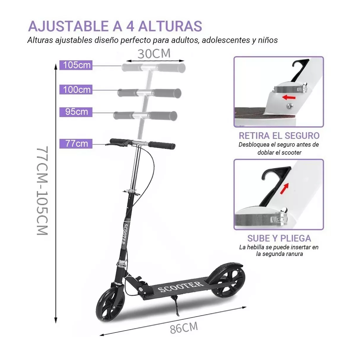 Scooter Patín Del Diablo Ajustable Plegable Jóvenes Adultos Negro