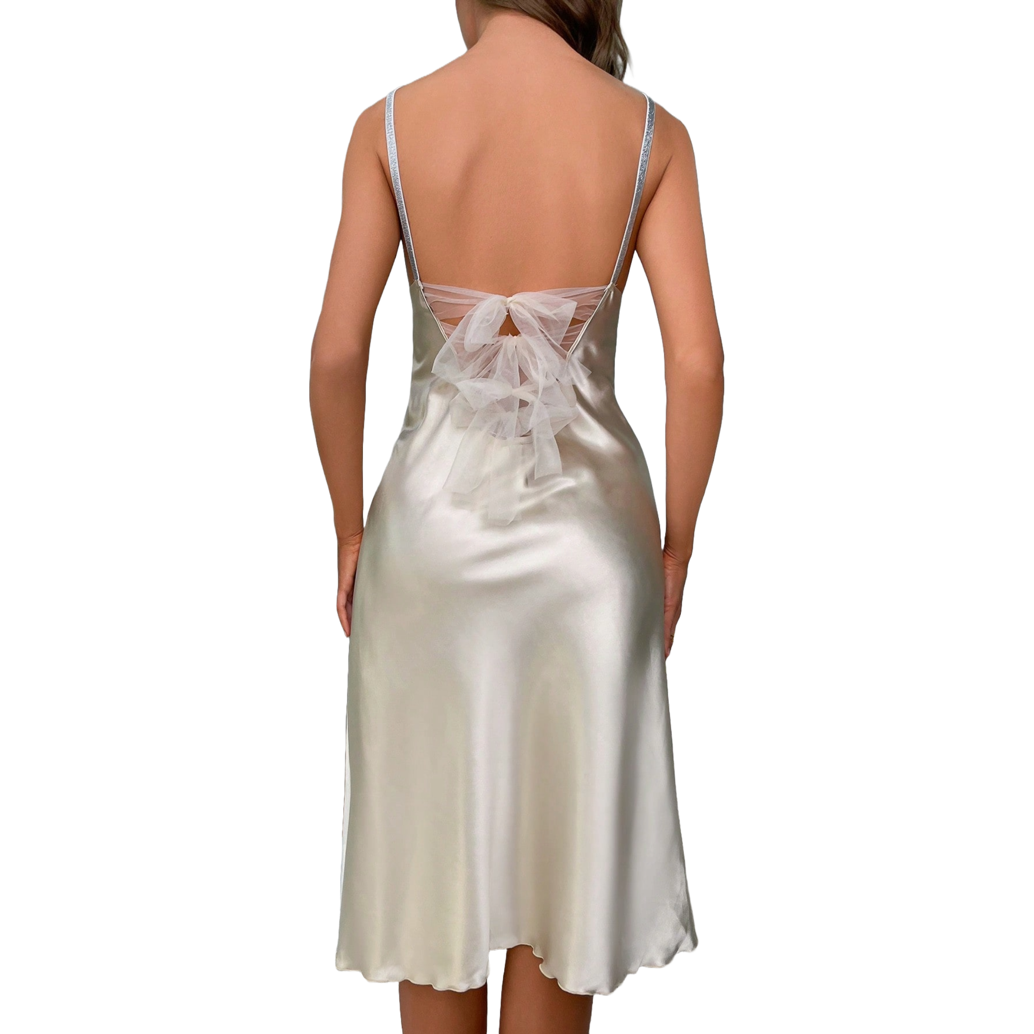 Vestido de satín con escote en la espalda turante brillantes largo debajo de la rodilla para mujer