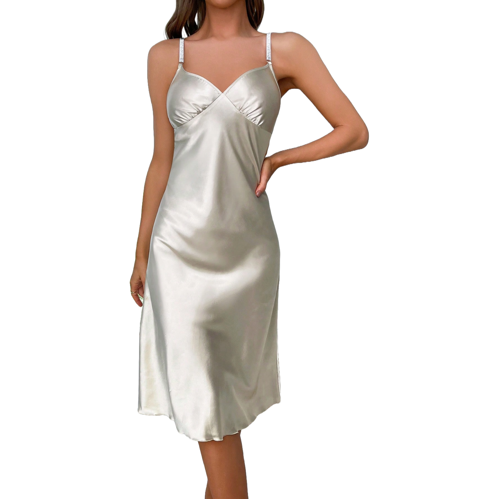 Vestido de satín con escote en la espalda turante brillantes largo debajo de la rodilla para mujer