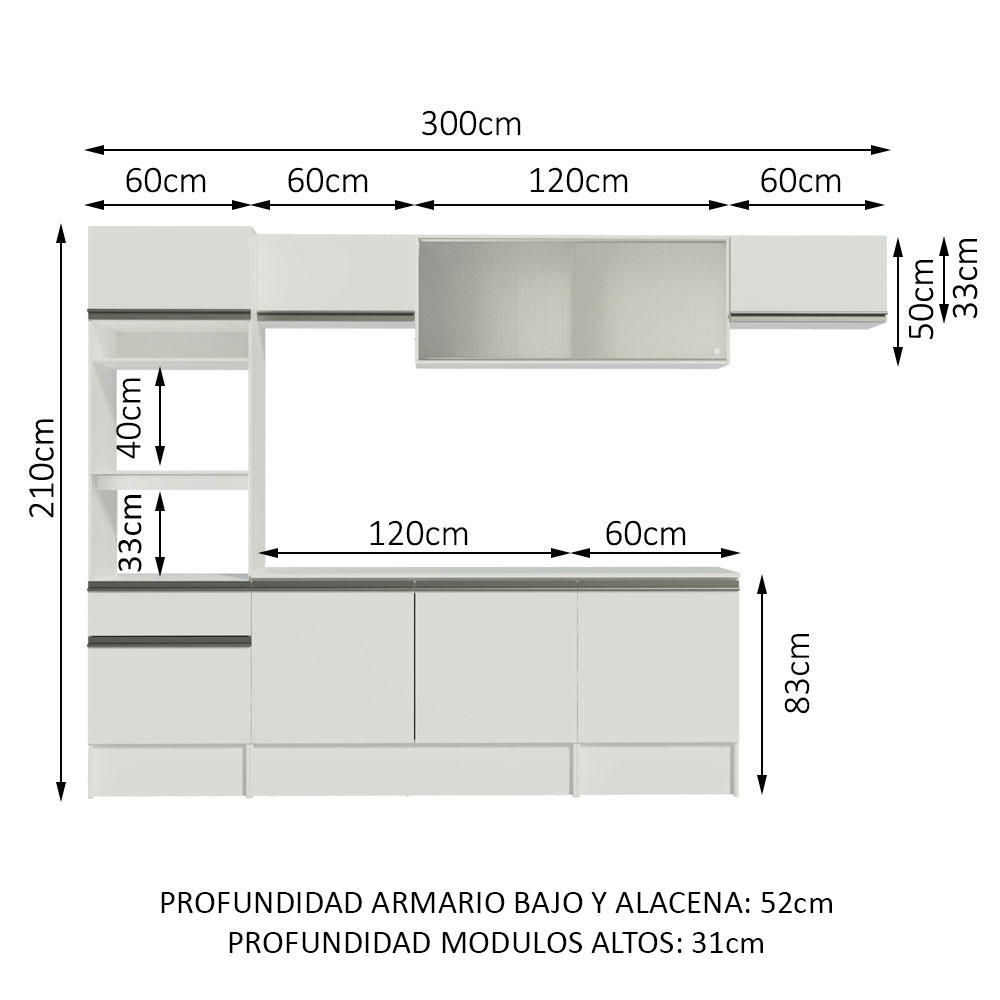 Cocina Integral Modular 300cm Madesa Topazio Blanco 01