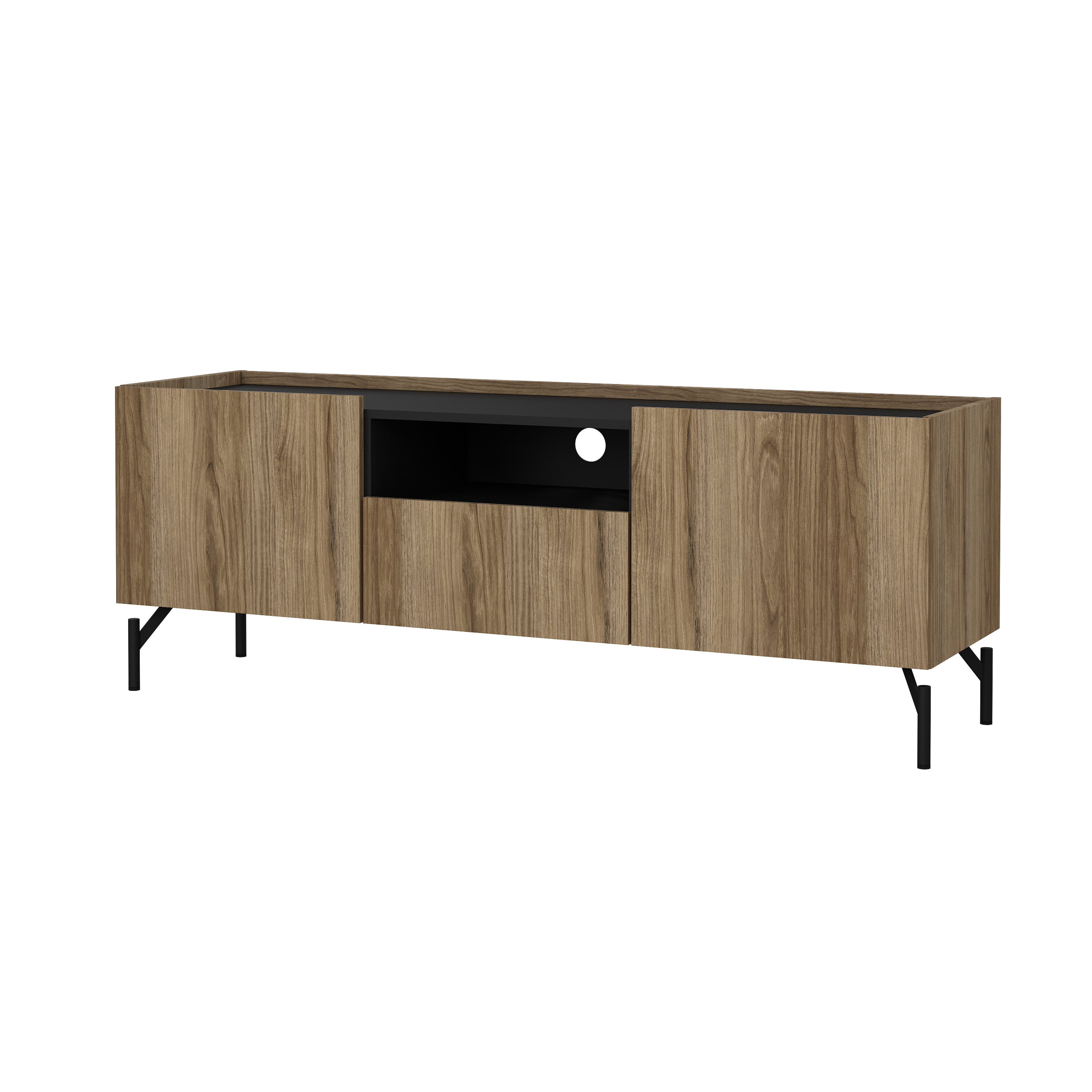 Mueble para TV Negro y Roble con 1 Cajón y 2 Puertas para Almacenamiento. Estructura Metálica y MDF
