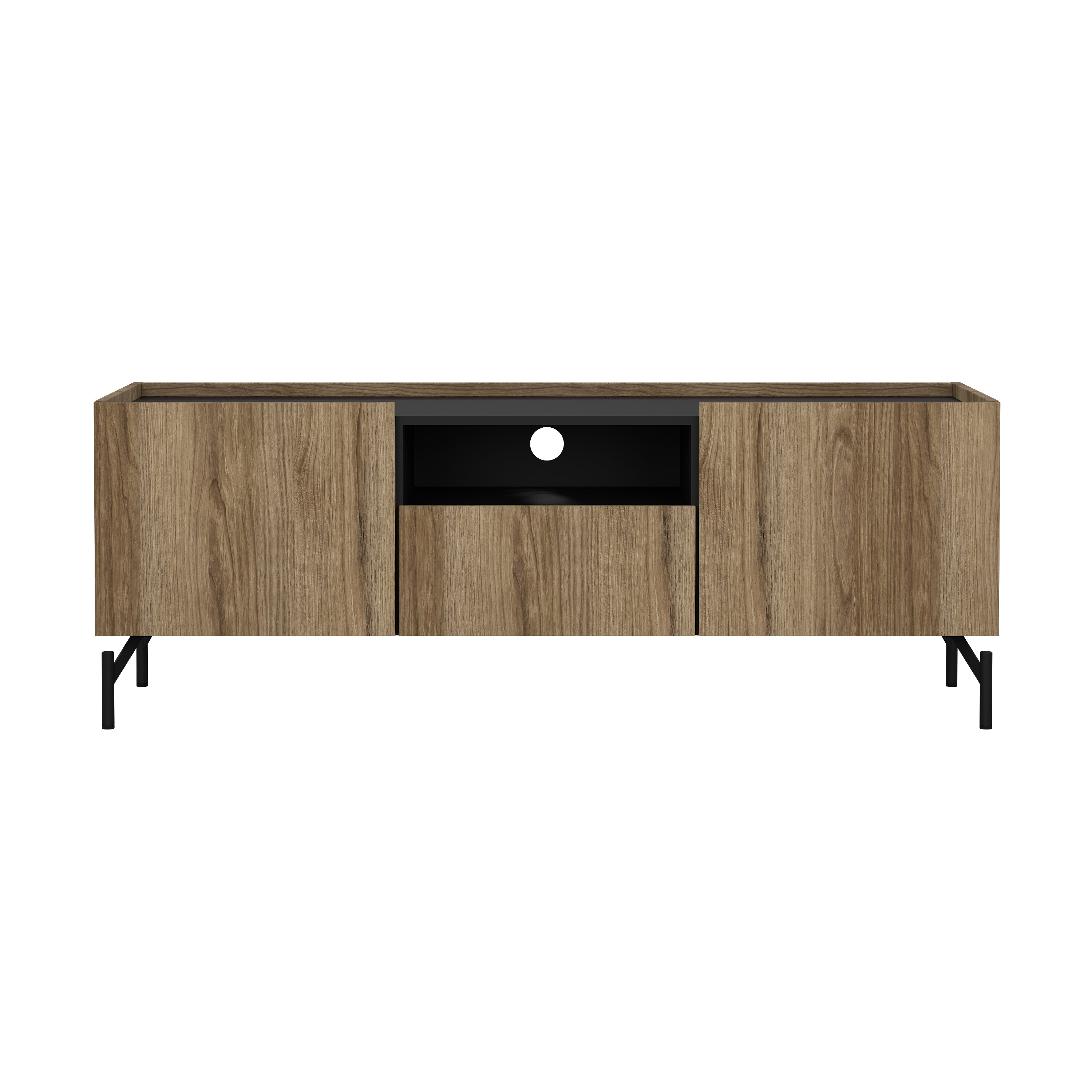 Mueble para TV Negro y Roble con 1 Cajón y 2 Puertas para Almacenamiento. Estructura Metálica y MDF