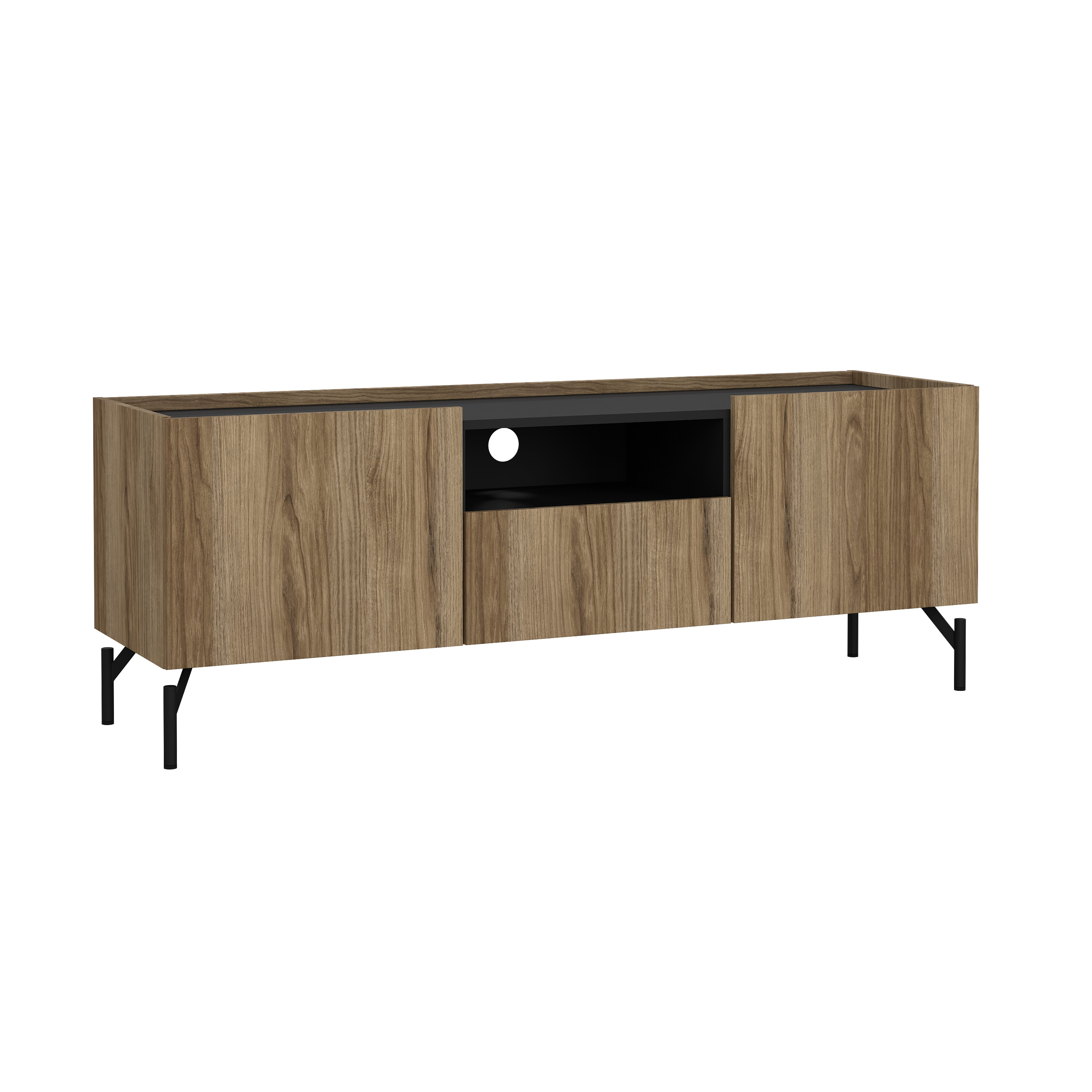 Mueble para TV Negro y Roble con 1 Cajón y 2 Puertas para Almacenamiento. Estructura Metálica y MDF