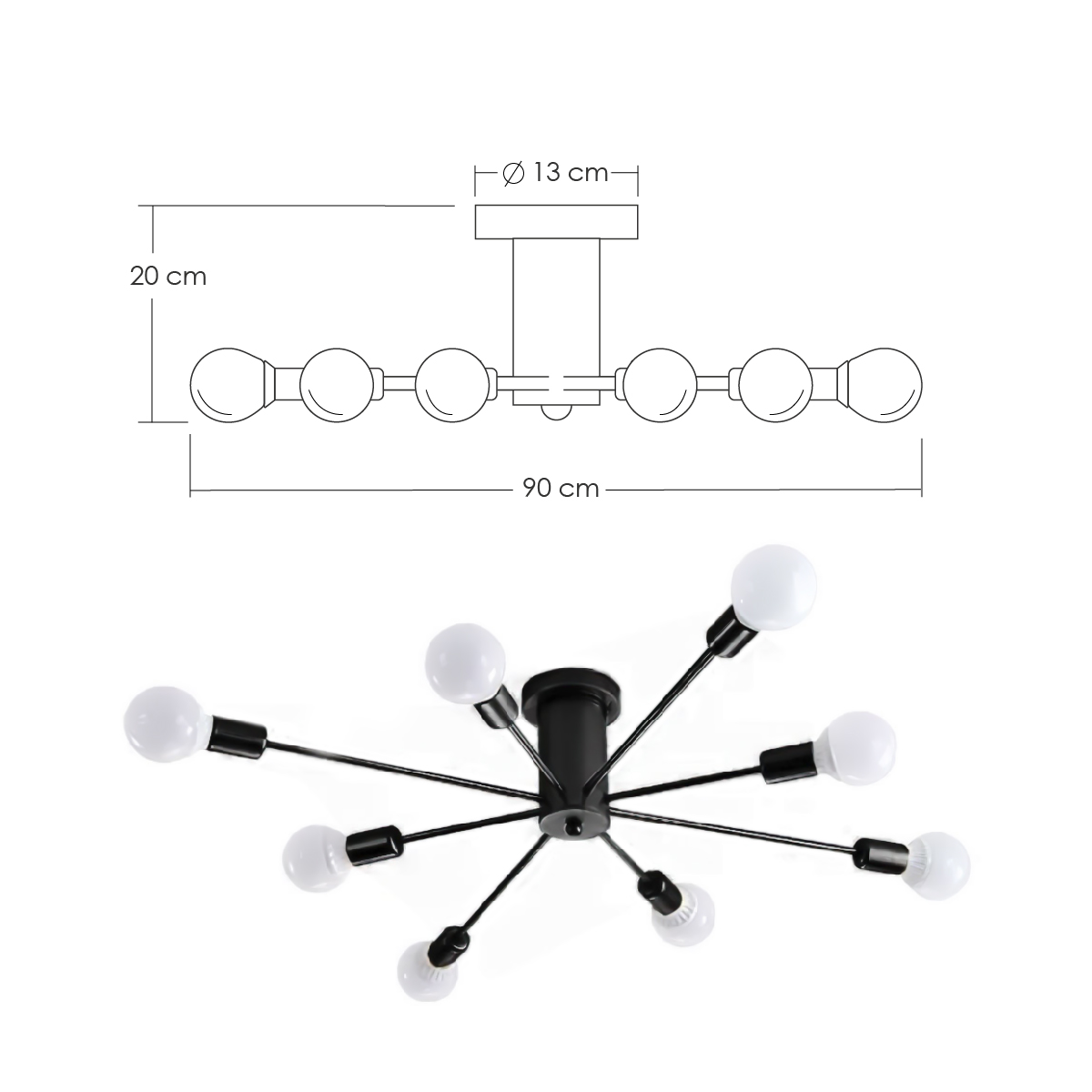 Lampara de techo estilo industrial hierro forjado minimalista negro con blanco 8 luces