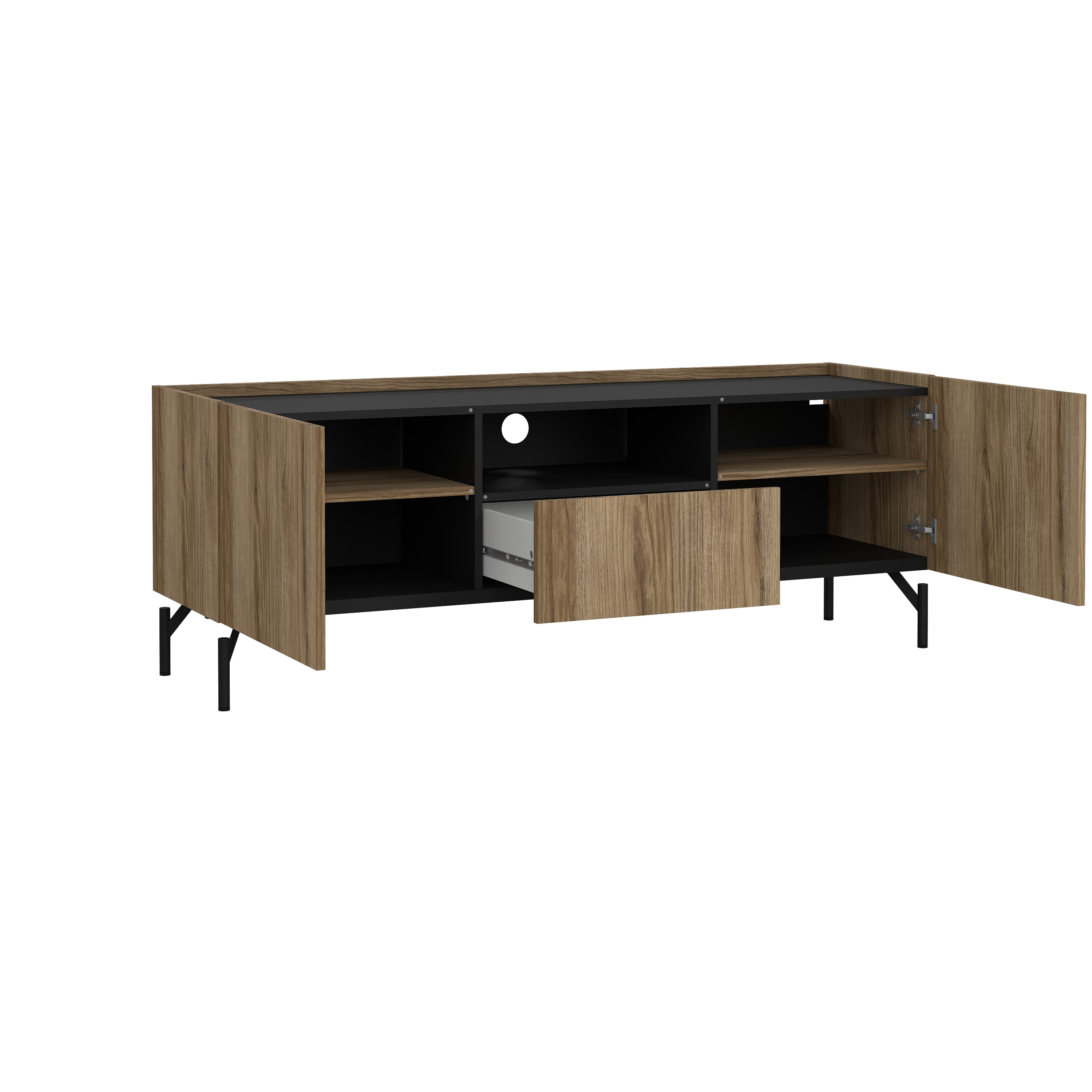 Mueble para TV Negro y Roble con 1 Cajón y 2 Puertas para Almacenamiento. Estructura Metálica y MDF