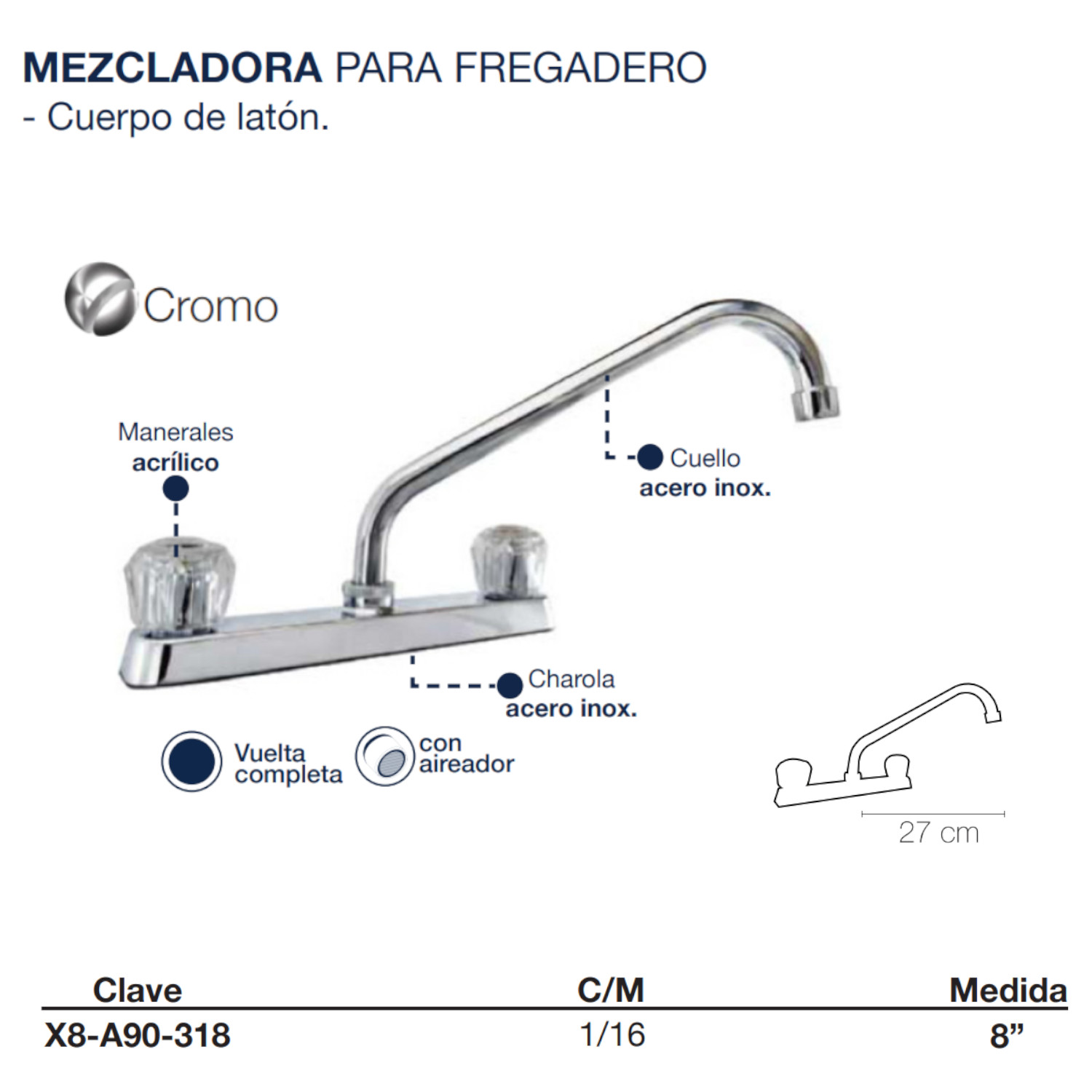 Llave Mezcladora Agua Fregadero O Tarja De Cocina Alfa Cromado Maneral Abs
