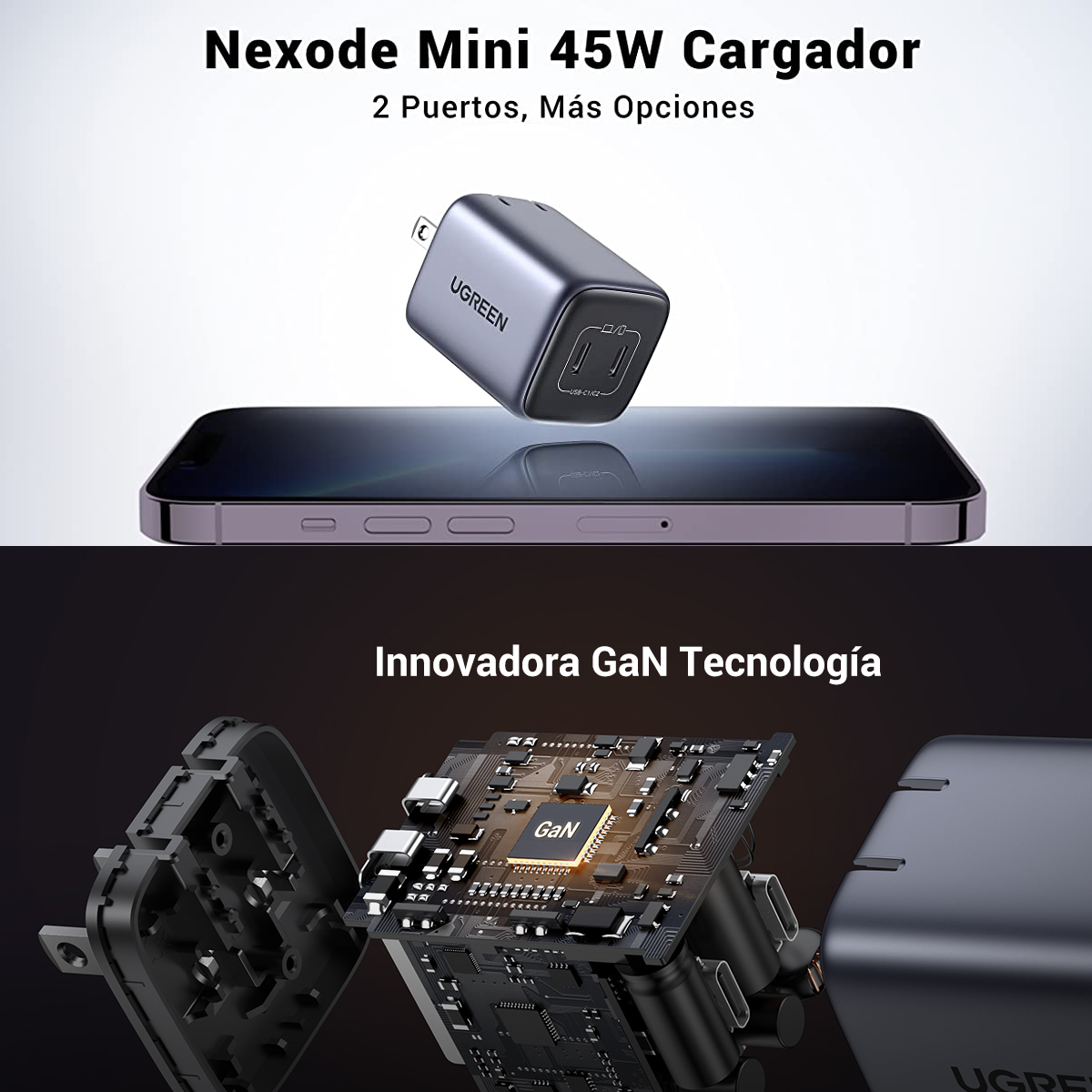 Mini Cargador Ugreen 45w Pd Gan Carga Rápida 2 Puertos Usb Color gris