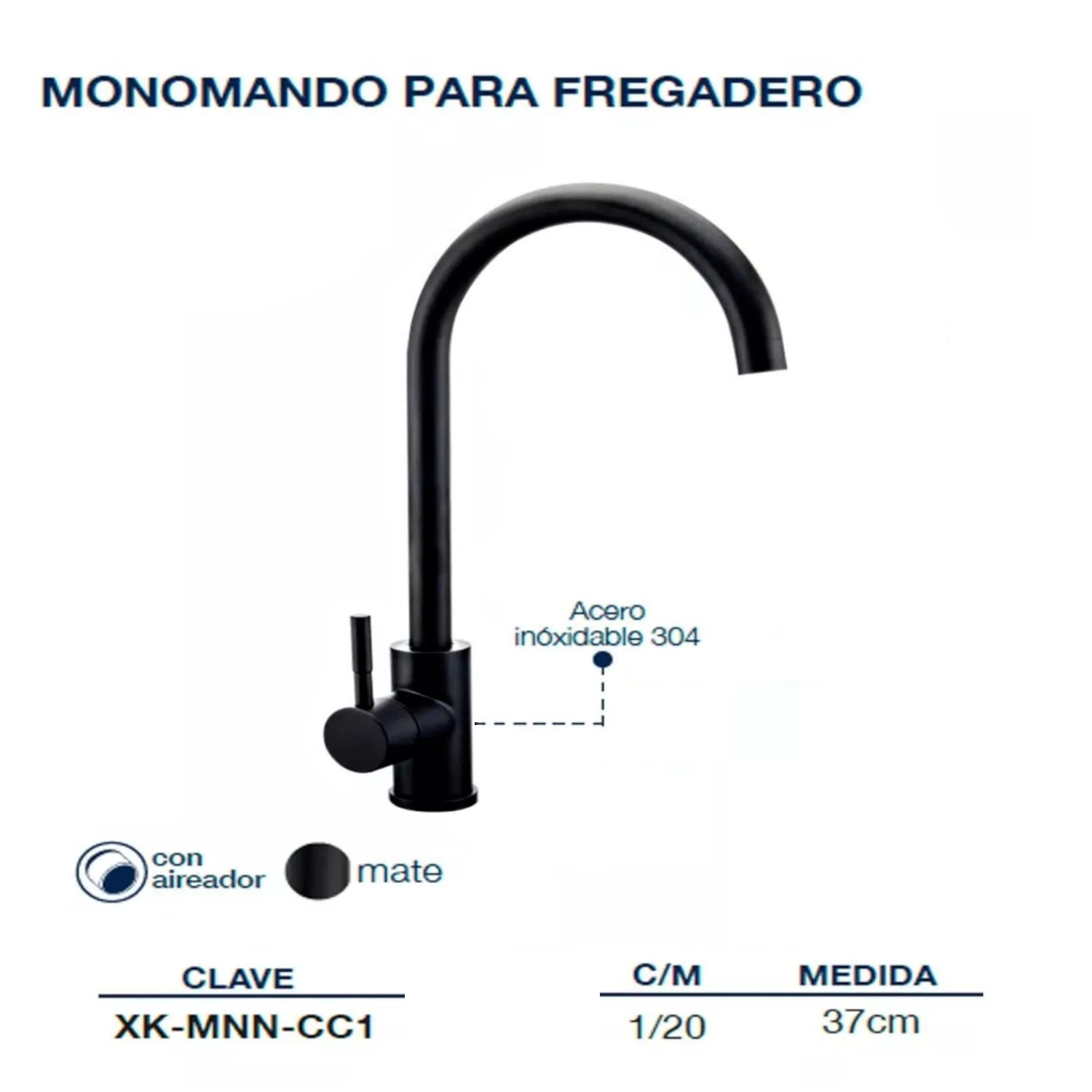 Llave Monomando Fregadero O Tarja Cocina 37 cm Rubinett Acero Inoxidable 304 Negro Mate Super Lujo