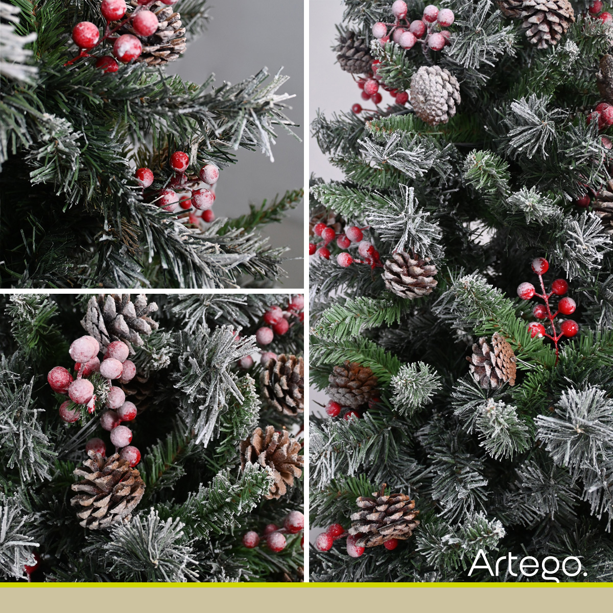 Árbol De Navidad Nevado Premium * Con Berries Y Piñas * Arizona Cypress De 2.2m De Alto Artego Thin Flocked Nevado Pino Artificial Frondoso + Maleta Transportadora Christmas Tree Decoración Navideña