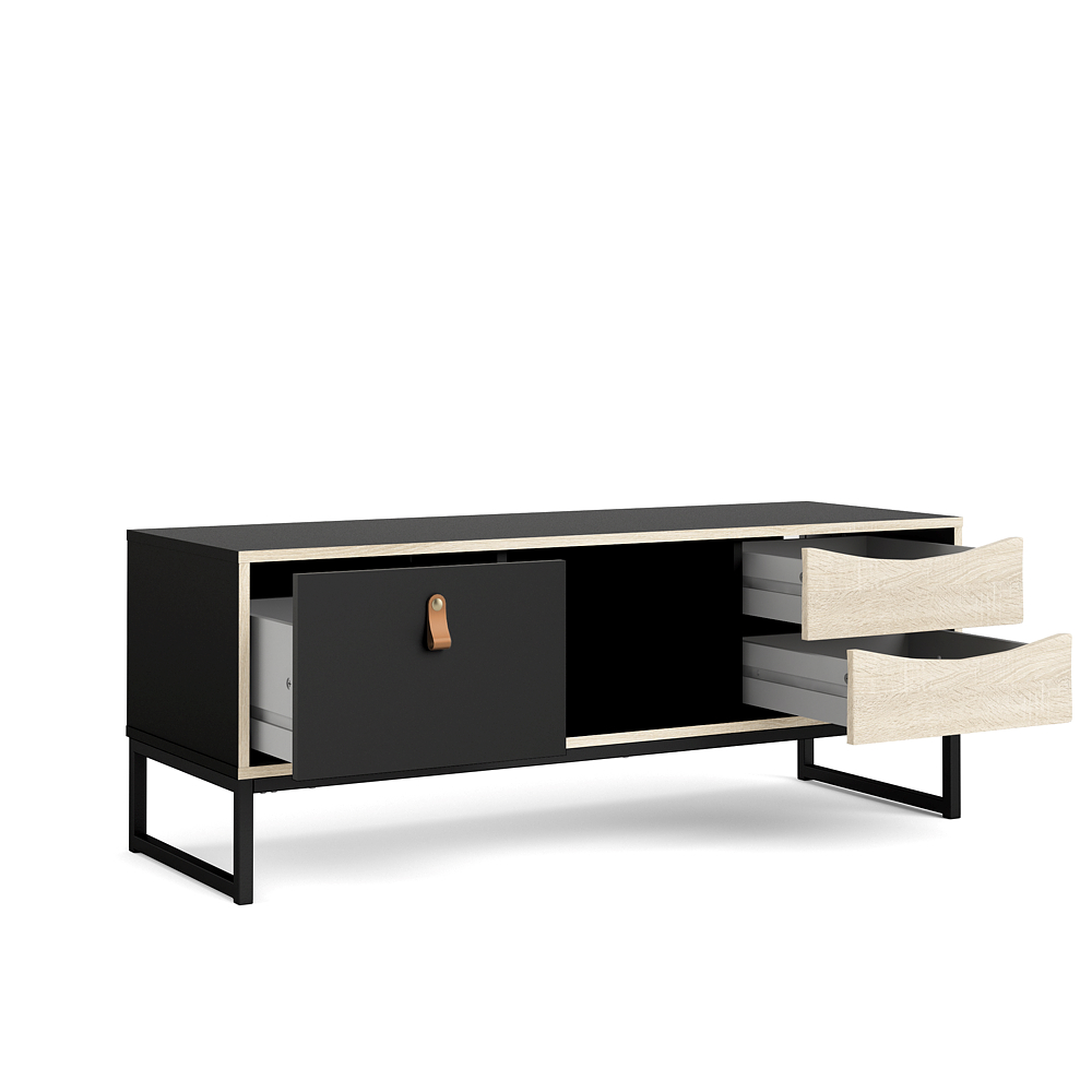 Mueble para TV Color Negro y Roble con 2 Cajones, 1 Puerta y Patas de Metal