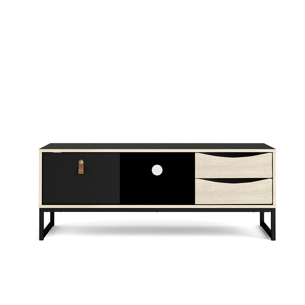 Mueble para TV Color Negro y Roble con 2 Cajones, 1 Puerta y Patas de Metal