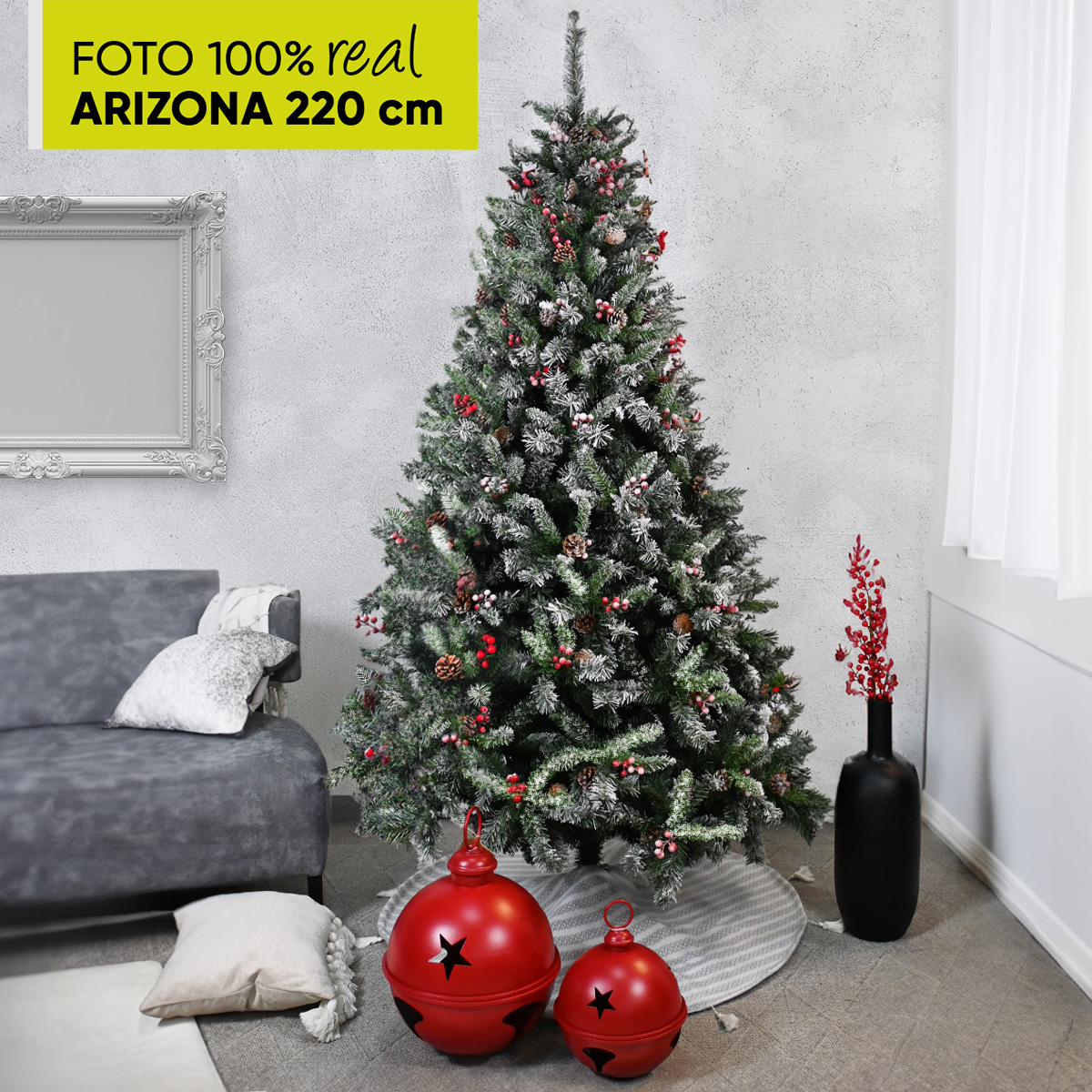 Árbol De Navidad Nevado Premium * Con Berries Y Piñas * Arizona Cypress De 2.2m De Alto Artego Thin Flocked Nevado Pino Artificial Frondoso + Maleta Transportadora Christmas Tree Decoración Navideña