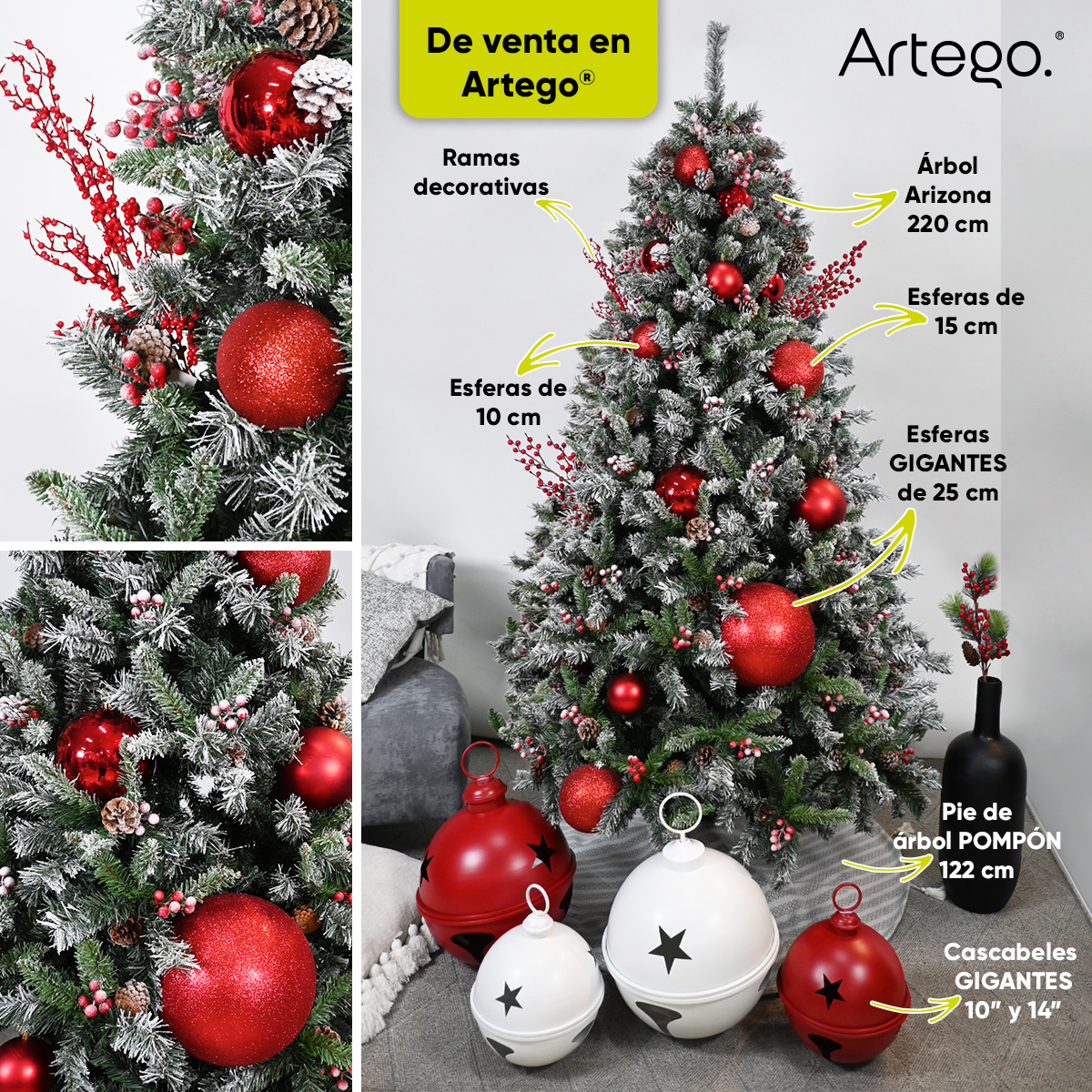 Árbol De Navidad Nevado Premium * Con Berries Y Piñas * Arizona Cypress De 2.2m De Alto Artego Thin Flocked Nevado Pino Artificial Frondoso + Maleta Transportadora Christmas Tree Decoración Navideña