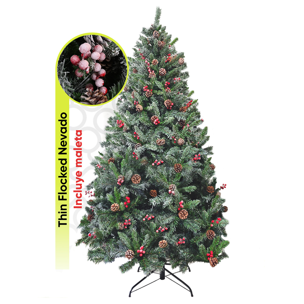 Árbol De Navidad Nevado Premium * Con Berries Y Piñas * Arizona Cypress De 2.2m De Alto Artego Thin Flocked Nevado Pino Artificial Frondoso + Maleta Transportadora Christmas Tree Decoración Navideña