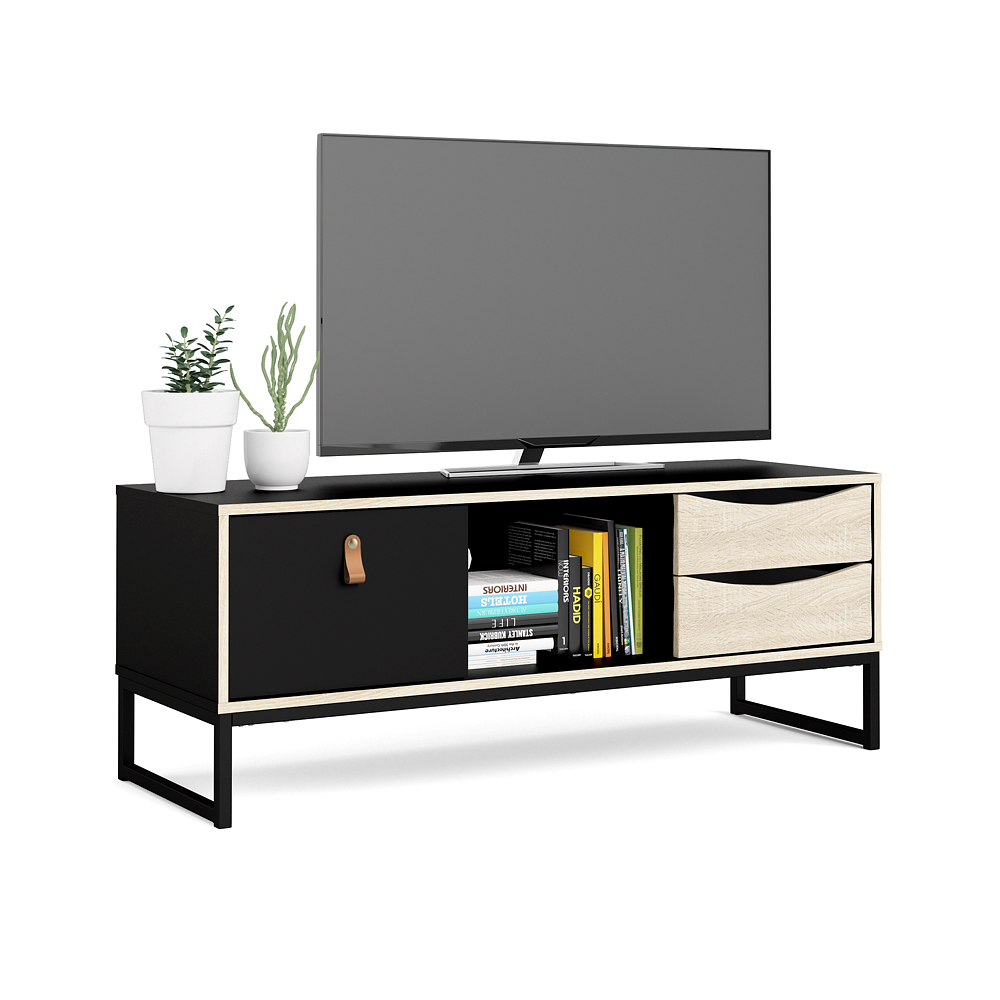 Mueble para TV Color Negro y Roble con 2 Cajones, 1 Puerta y Patas de Metal