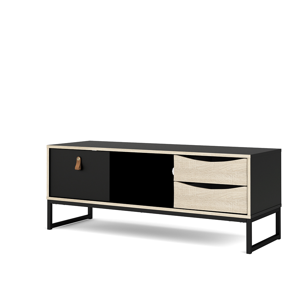Mueble para TV Color Negro y Roble con 2 Cajones, 1 Puerta y Patas de Metal