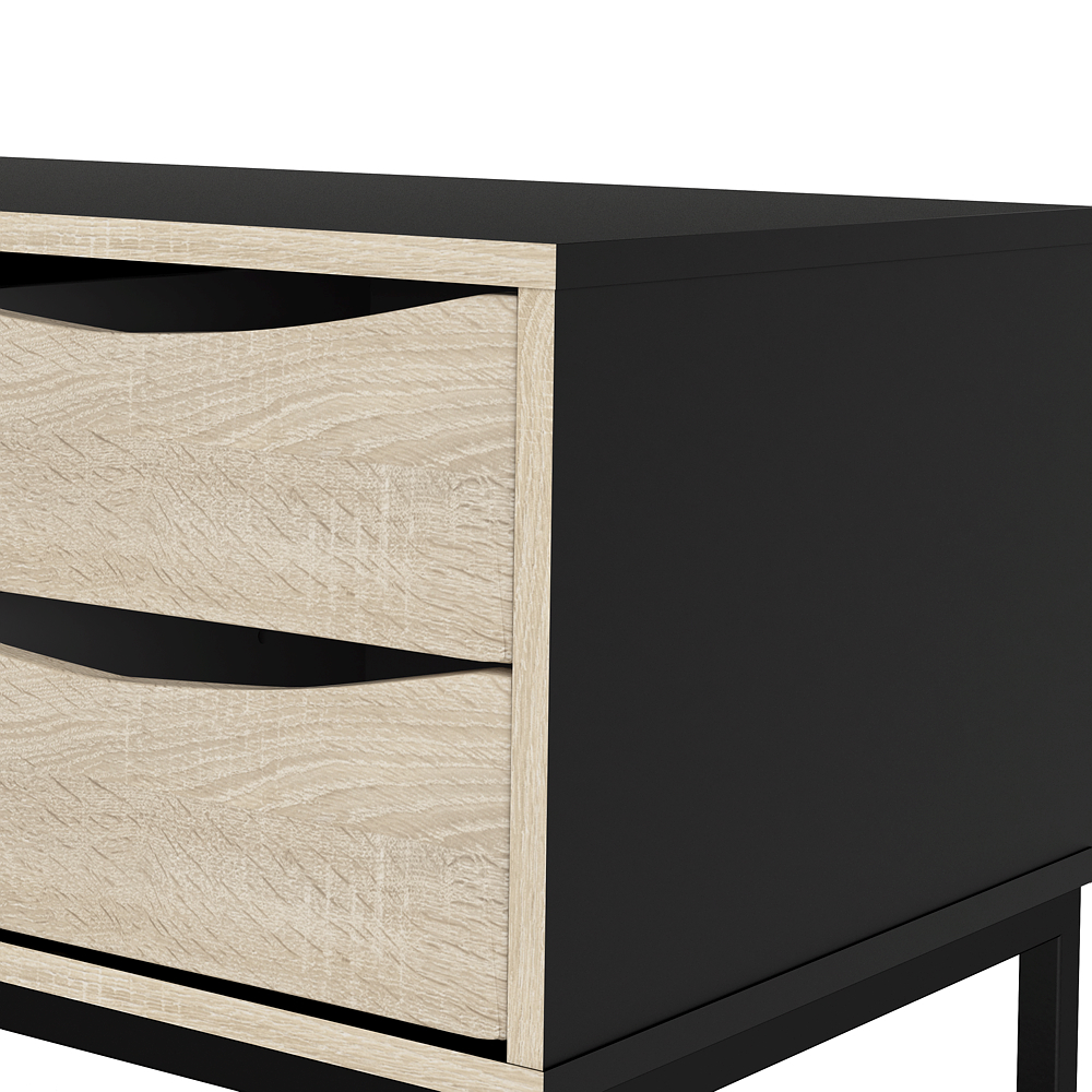 Mueble para TV Color Negro y Roble con 2 Cajones, 1 Puerta y Patas de Metal