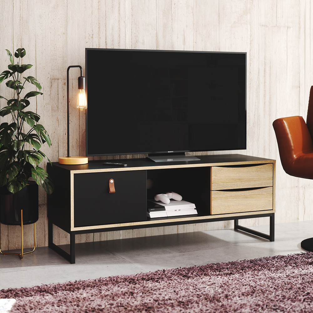 Mueble para TV Color Negro y Roble con 2 Cajones, 1 Puerta y Patas de Metal