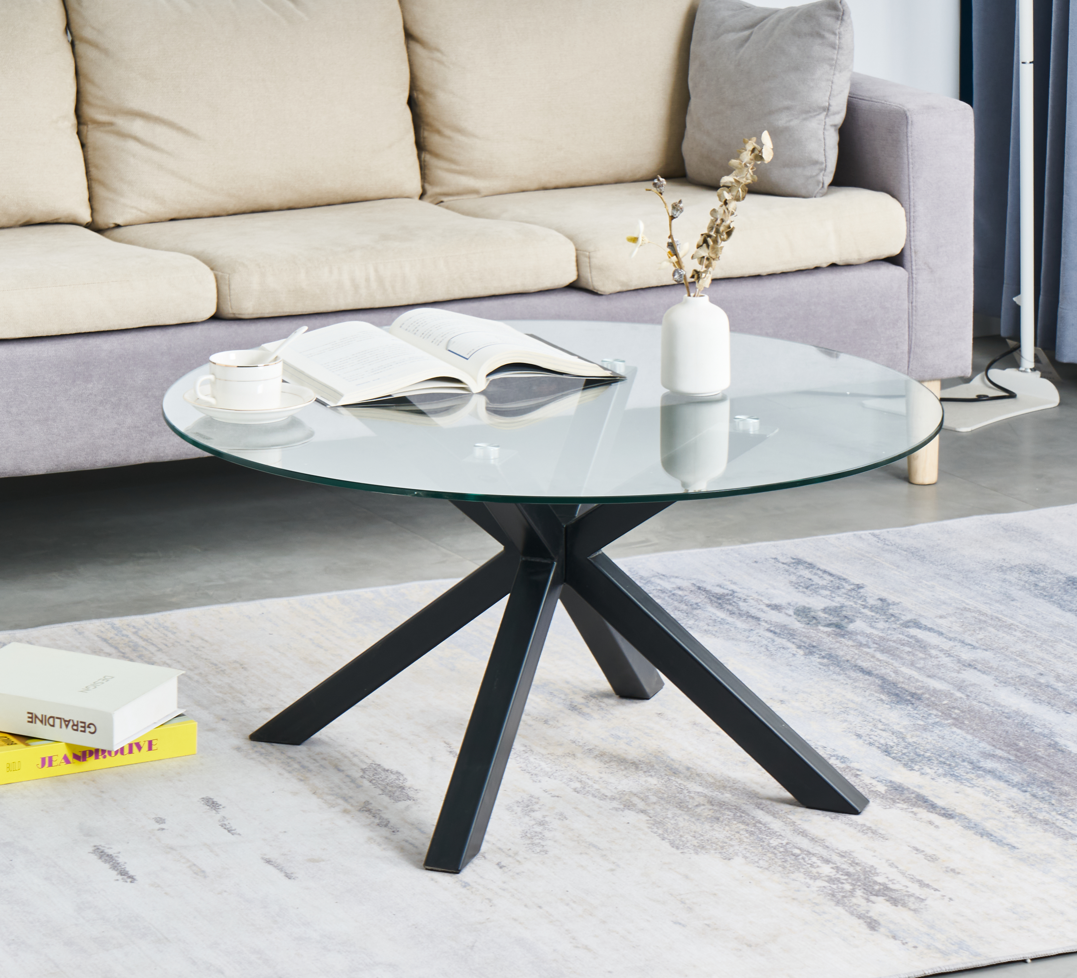 Mesa de Centro Circular con Cubierta de Cristal Templado y Estructura Metálica Negra (Diámetro: 82cm)
